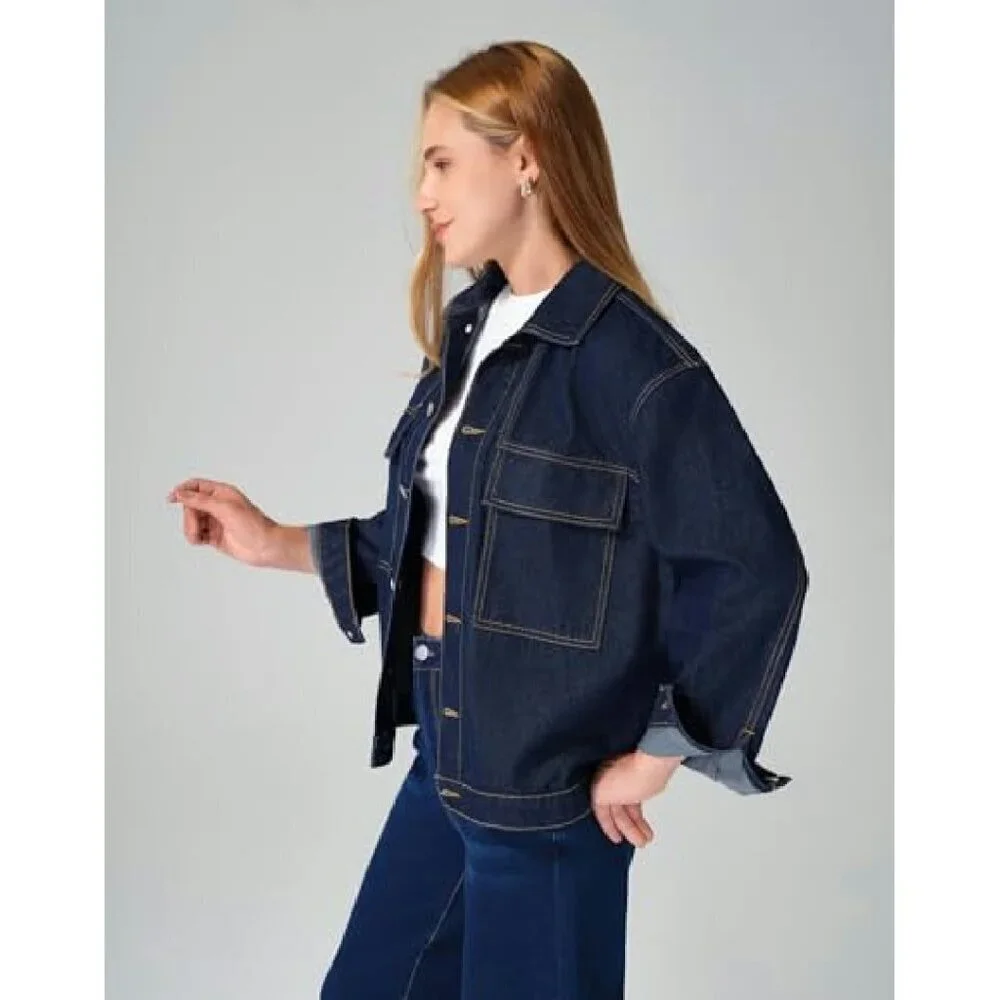Oversized Denim Jacket with Flap Pockets Casual Women's Coat